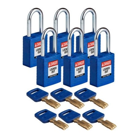 Brady Brady NYL-BLU-38ST-KA6PK Brady SafeKey Lockout Padlock Nylon 1.5" Steel Shackle Keyed Alike NYL-BLU-38ST-KA6PK